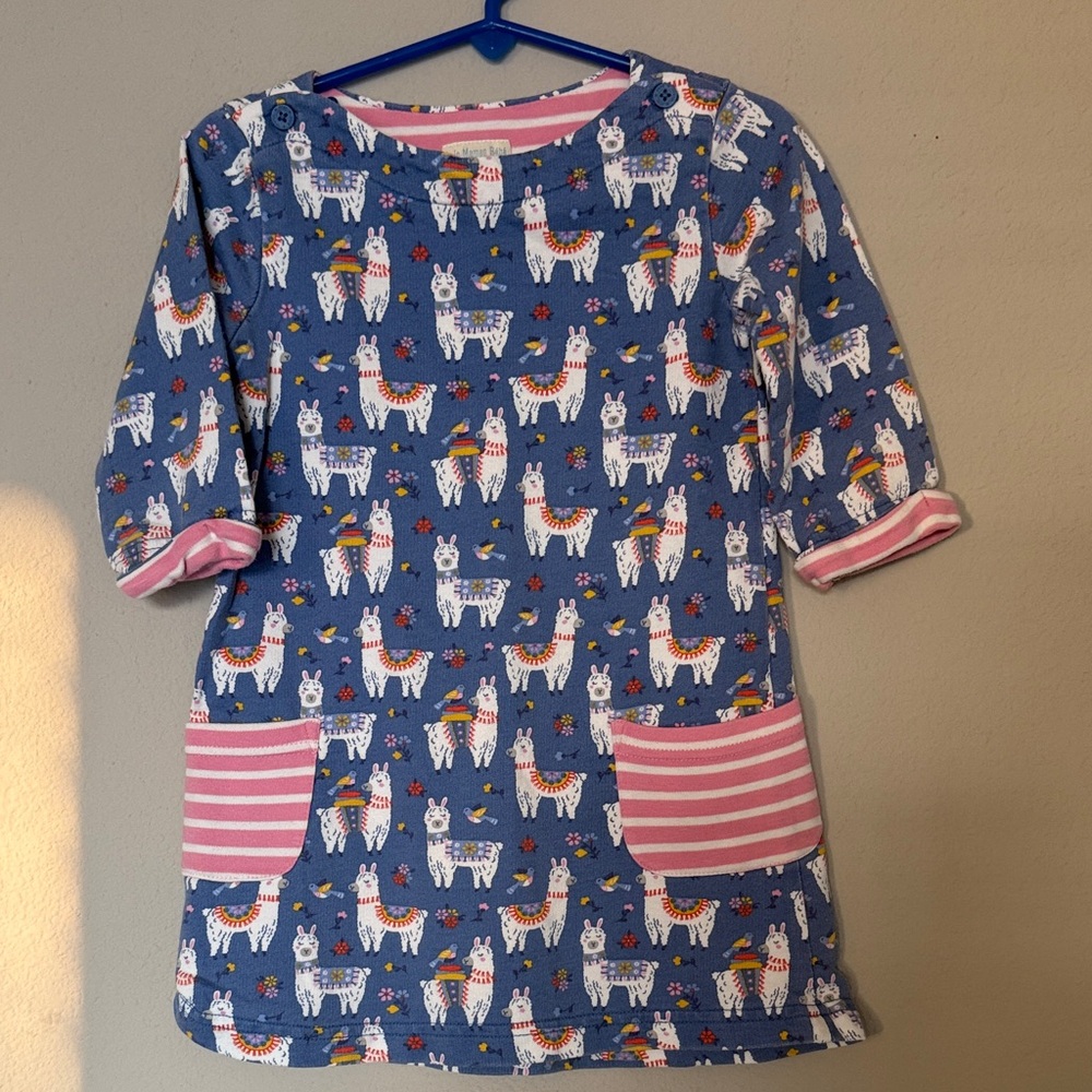 Jojo Maman Bebe Blue Llama Print A-line Dress with Pink Stripes Girl’s 2-3 years